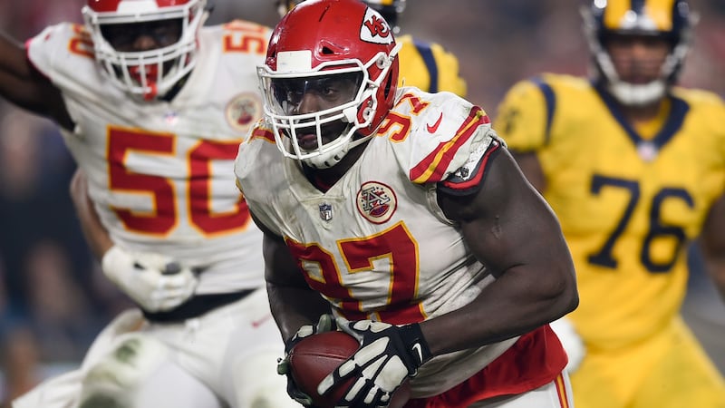 Kansas City Chiefs defensive end Allen Bailey scores a touchdown after recovering a fumble by...